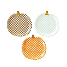 Load image into Gallery viewer, Gingham Pumpkin Shaped Paper Plate Set