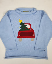 Load image into Gallery viewer, Blue Rolled Neck Christmas Truck Sweater
