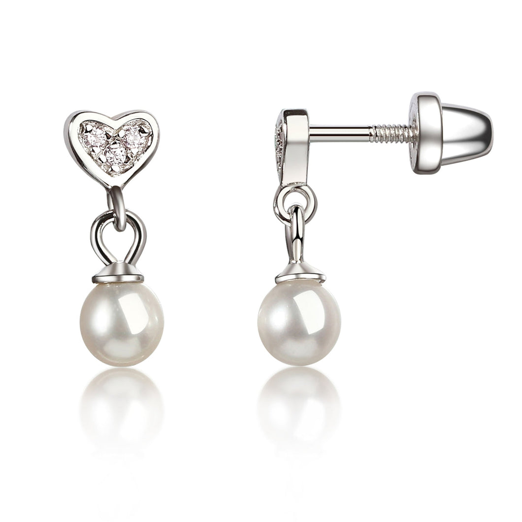 Sterling Silver Children's Heart with Dangling Pearl Earrings