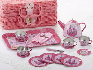 Tin Castle Tea Set w/ Basket