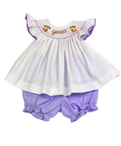 Purple Bitty Dot Smocked Cheer Bloomer Set