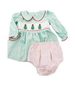 Christmas Tree Smocked Girls Bloomer Set