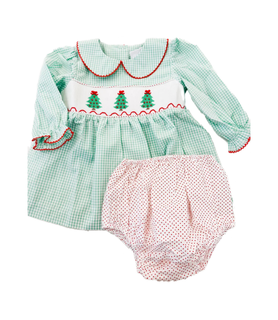 Christmas Tree Smocked Girls Bloomer Set