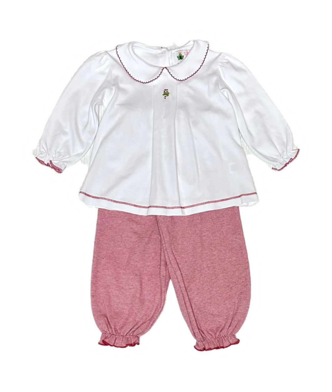 Candy Cane Embroidery Girl Ruffled Bloomer Pant Set