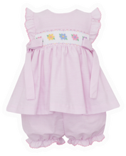 Load image into Gallery viewer, Flowers Pink Stripe Smocked Bloomer Set
