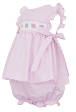 Load image into Gallery viewer, Flowers Pink Stripe Smocked Bloomer Set
