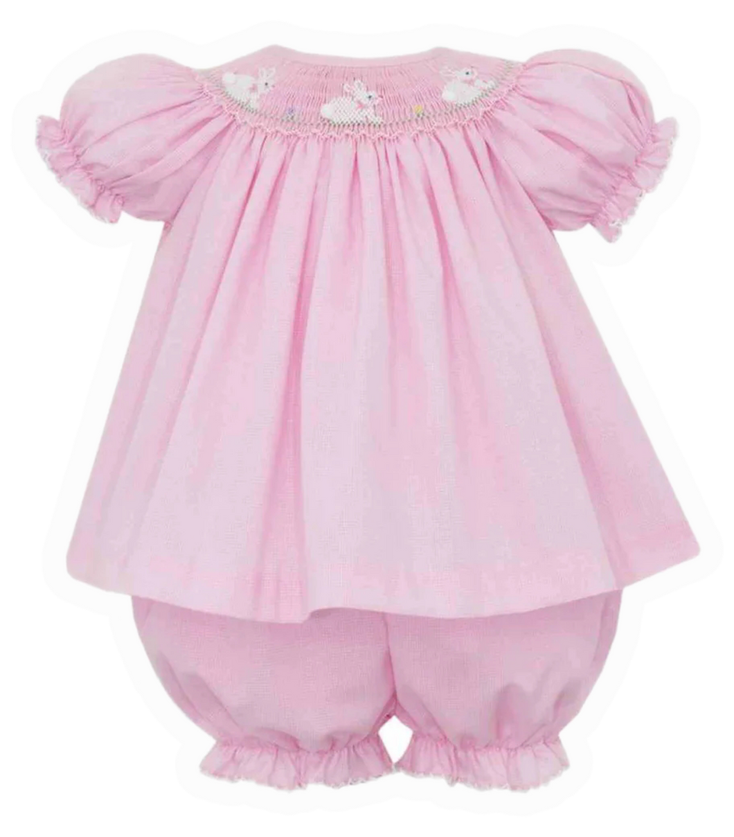 Smocked Bunnies Microcheck Bloomer Set