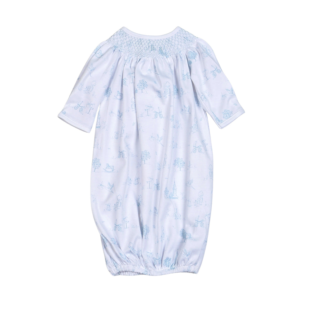 Blue Baby Toile Hand-Smocked Gown