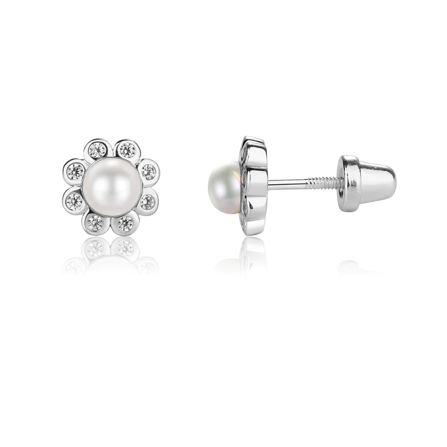 Sterling Silver Kids White Pearl Button Earrings