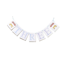 Load image into Gallery viewer, &quot;THREE&quot; Birthday Banner with Firetruck/Puppy Dog Reversible End Pieces
