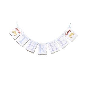 "THREE" Birthday Banner with Firetruck/Puppy Dog Reversible End Pieces