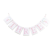 Load image into Gallery viewer, &quot;THREE&quot; Birthday Banner with Ballerina/Bow Reversible End Pieces
