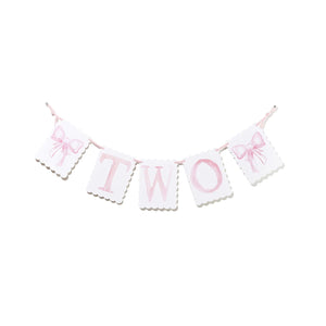 "TWO" Birthday Banner with Pink Bow/Puppy Dog Reversible End Pieces